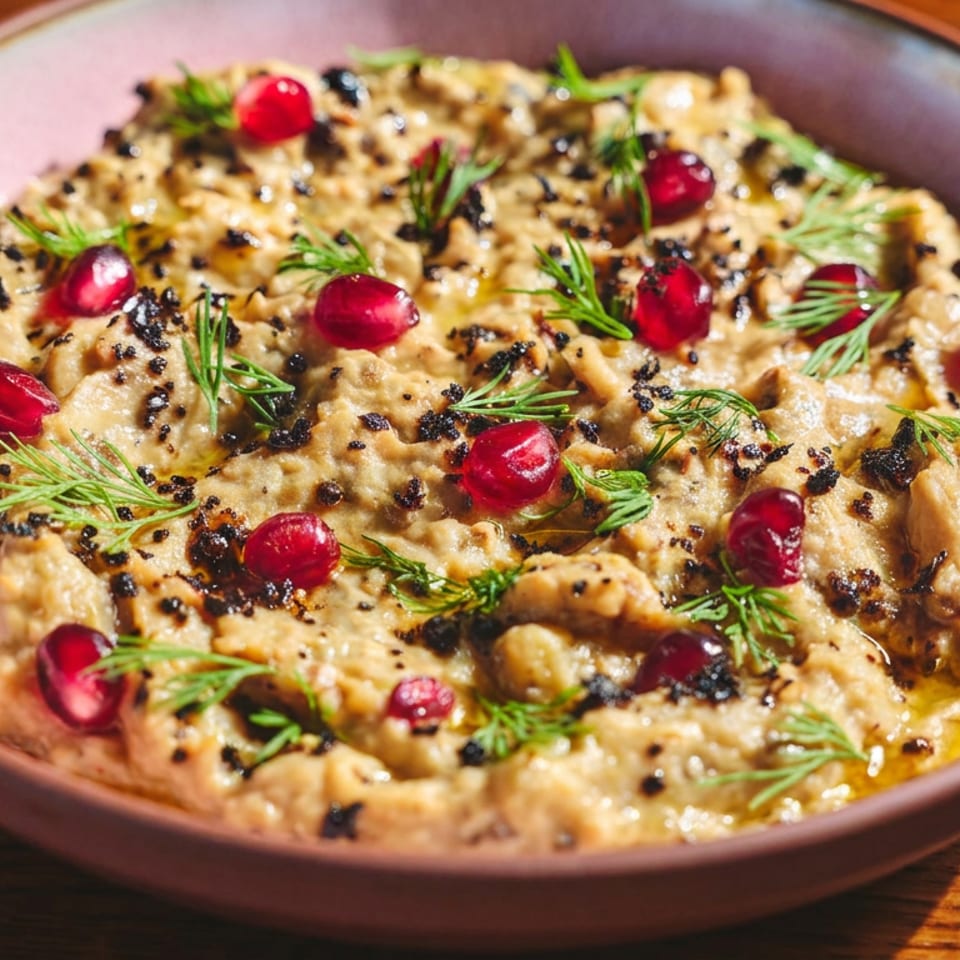 Creamy hummus topped with pomegranate seeds, dill, and black sesame in a pink bowl on a wooden table.