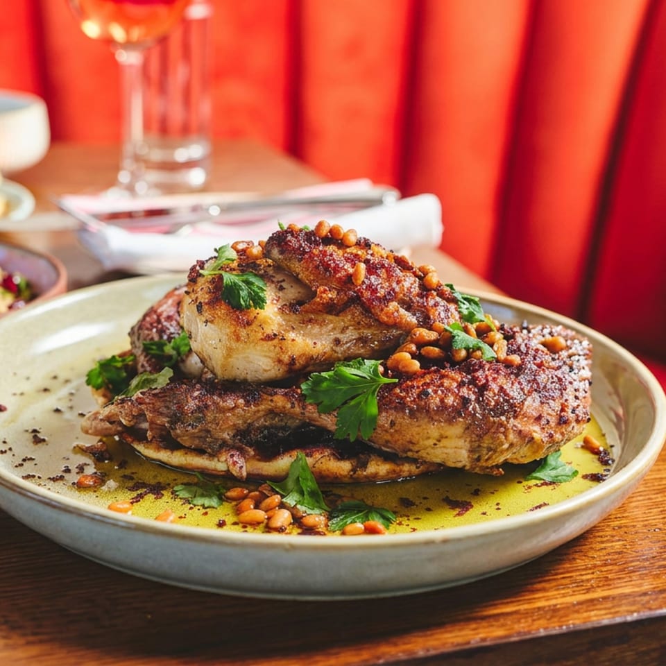 Stacked grilled meat patties topped with pine nuts and parsley on a plate, accompanied by grain salads and wine in a vibrant red booth.