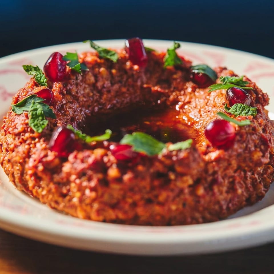 Ring-shaped savory fritter garnished with pomegranate seeds and fresh herbs on a decorative plate.