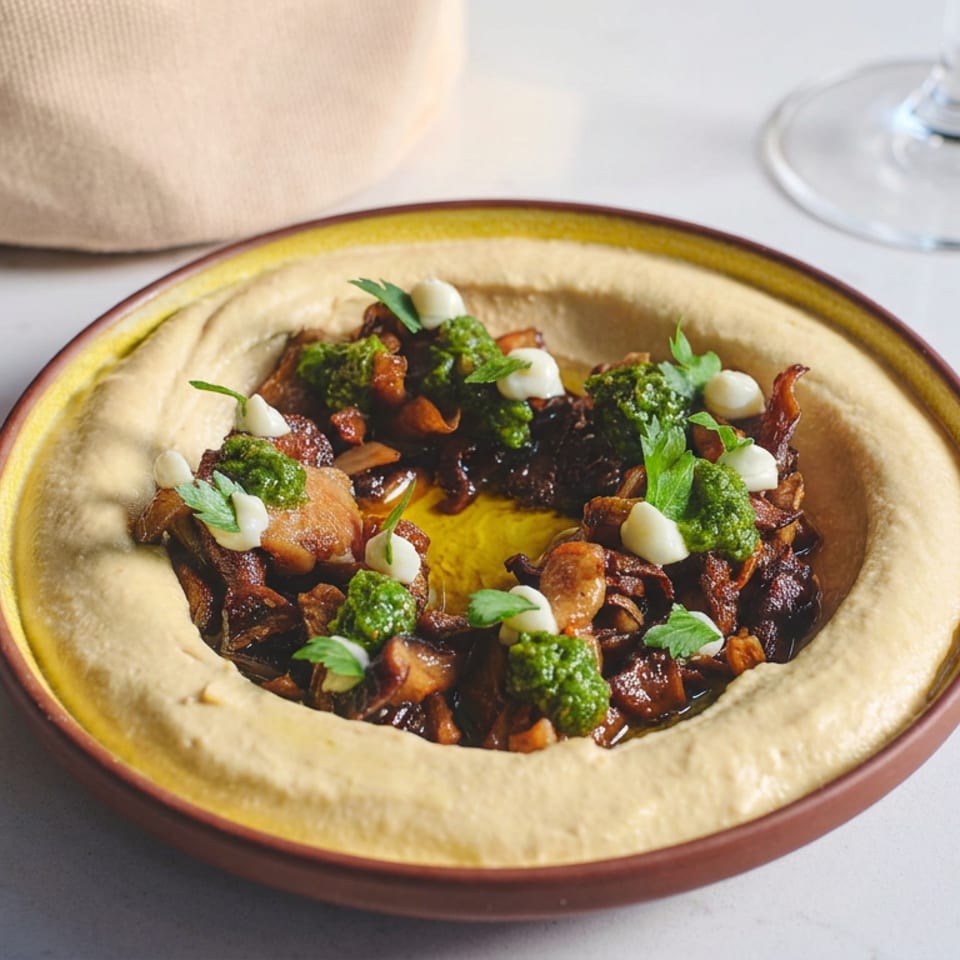 Creamy hummus topped with sautéed mushrooms, green herb sauce, garlic cream, and parsley in a ceramic bowl.