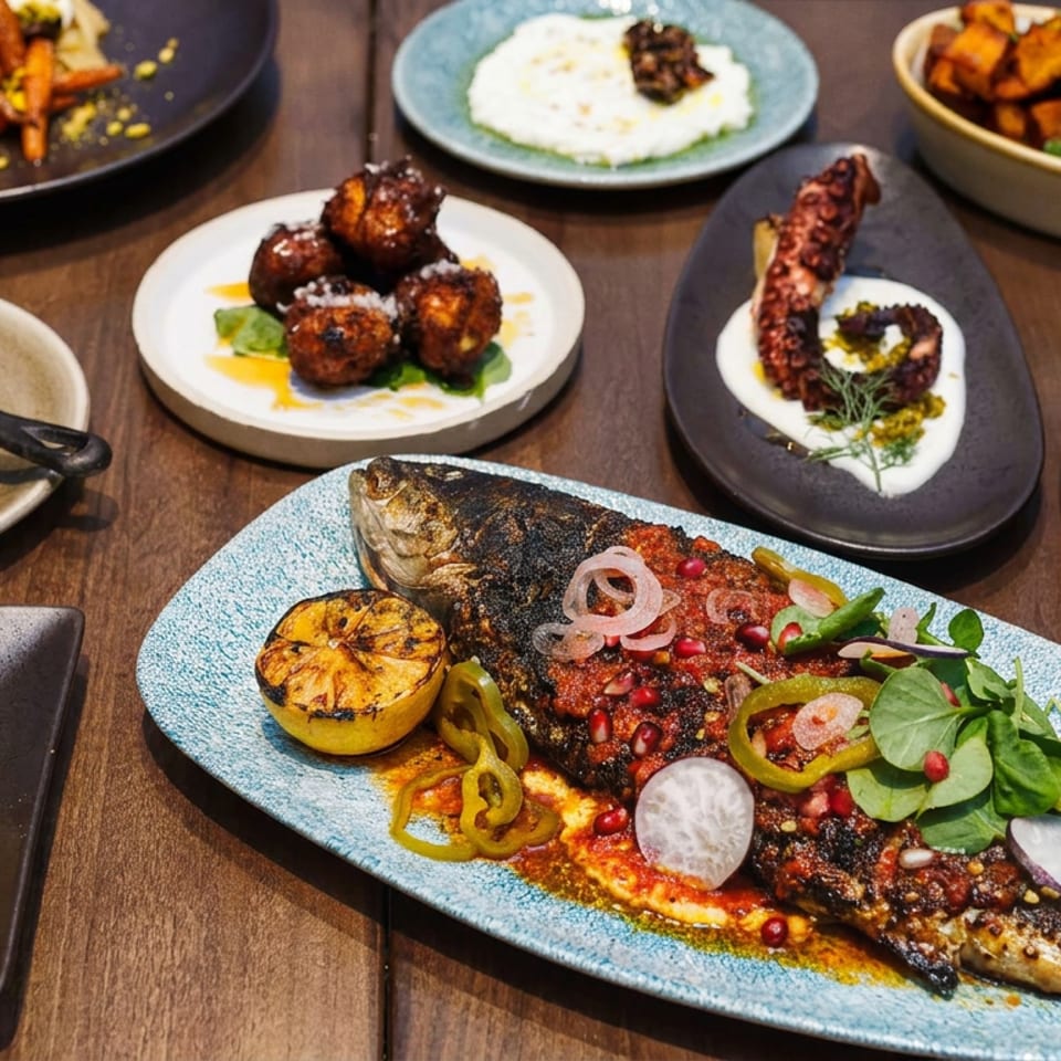 A table displays a grilled whole fish with vegetables and sauces, surrounded by assorted Mediterranean-style dishes, olives, salads, and roasted potatoes.