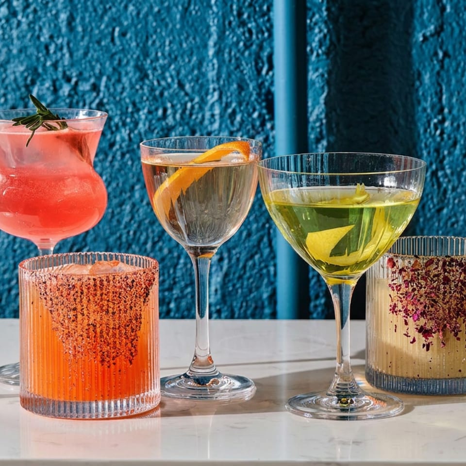 Six colorful cocktails garnished with citrus, herbs, and spices arranged on a marble bar against a textured blue wall.