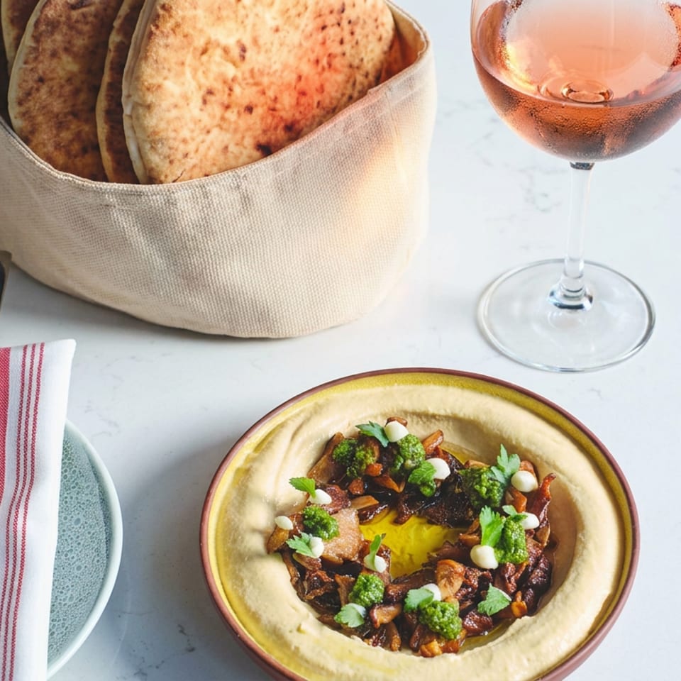 Table setting with hummus topped with mushrooms and herbs, flatbreads, cutlery, and a glass of rosé wine.