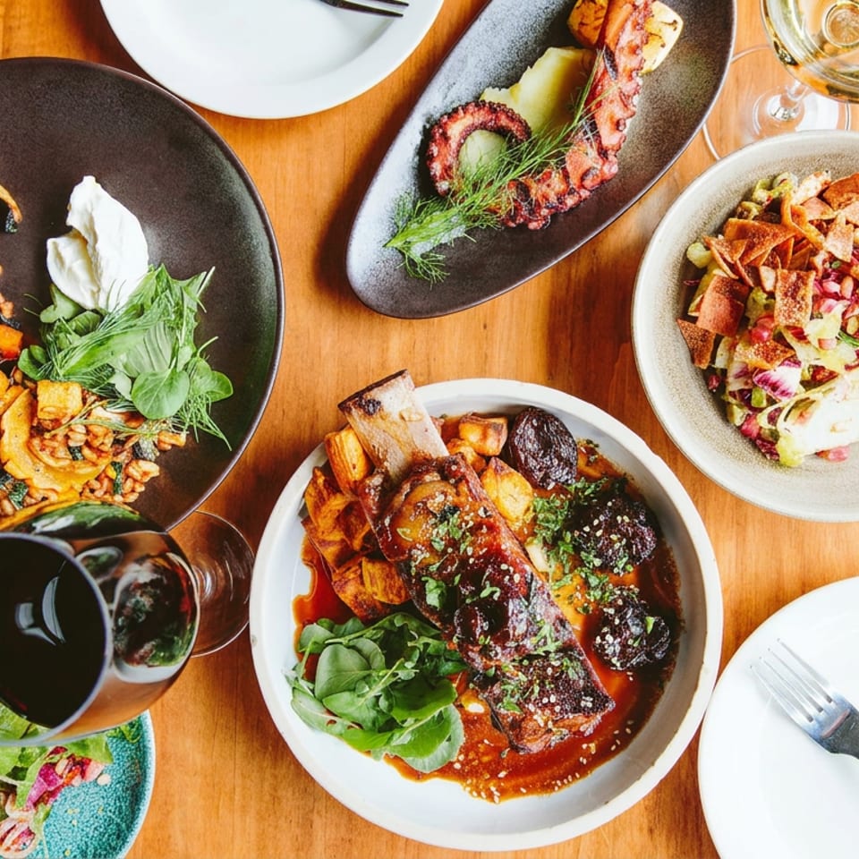 Overhead view of a restaurant table spread with octopus, rice, salad, a saucy entrée, greens, and glasses of wine.